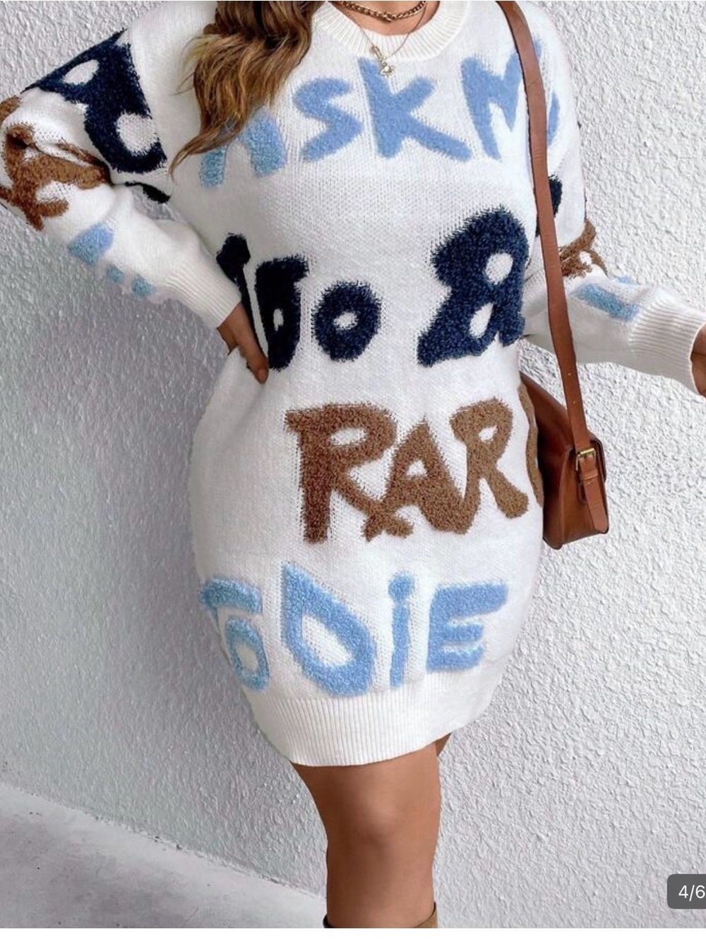 SHEIN White Knit Sweater Dress with Light Blue Navy & Brown Lettering